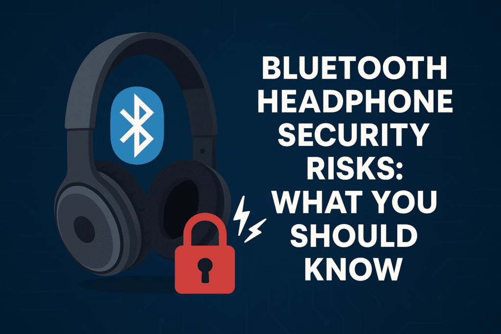 Bluetooth Headphone Security Vulnerabilities illustration showing wireless headphones, Bluetooth symbol, padlock, and security warning.