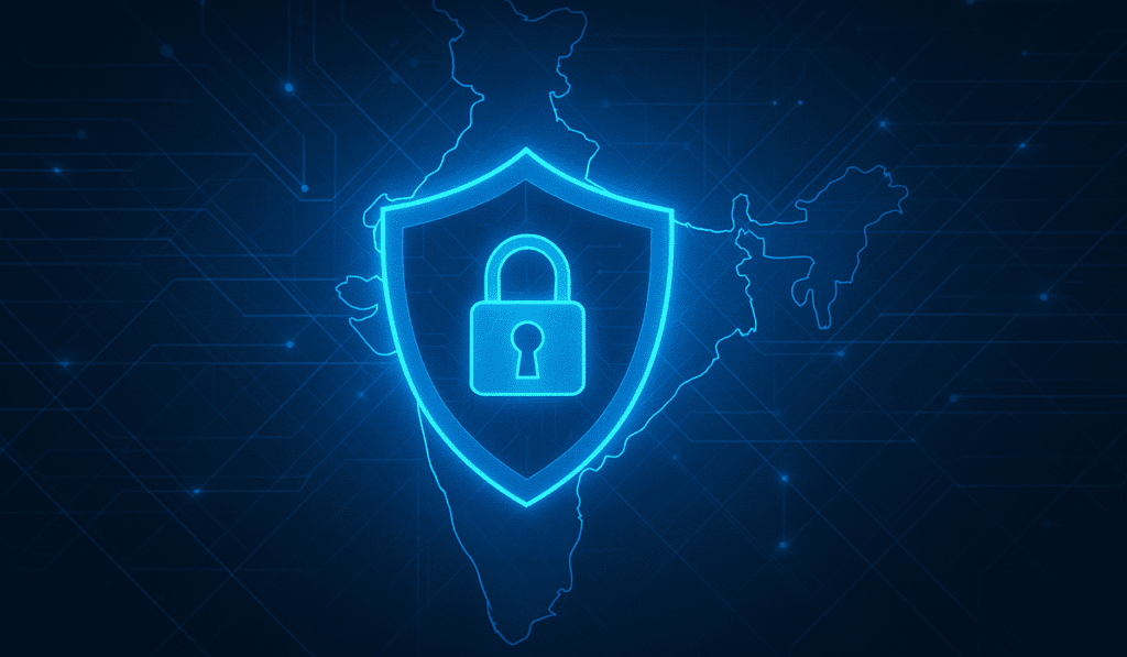 Digital illustration of cybersecurity with shield and padlock, India map, and network lines, representing top cybersecurity companies in India