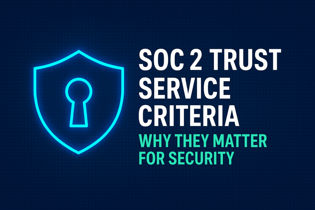 SOC 2 Trust Service Criteria illustrated with shield, lock, and cloud icons representing data security and compliance.