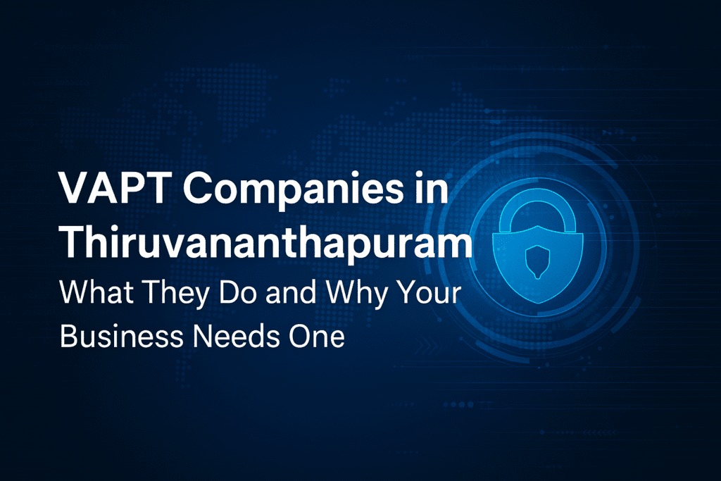 Glowing tech shield and network lines symbolizing VAPT Companies in Thiruvananthapuram securing businesses.